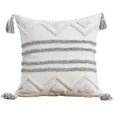 Imagem de NIDITW Capa de almofada Tufting 45,7 x 45,7 cm, listra geométrica, boêmia, luxuosa, decoração de casa, jacquard bordada, com borlas feitas à mão, macia e fofa para sofá de fazenda (cinza listrado)