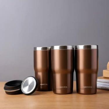 Imagem de Copo Térmico Parede Dupla em Aço Inox Marrom 350ml com Tampa Hermética - Estilo Minimalista