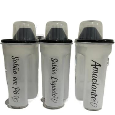 Imagem de Kit 3 Porta Sabão Líquido 1700ml Com Tampa Medidora + Adesivo(Preto 3pç- Sabão Pó+Liquid+Ama)