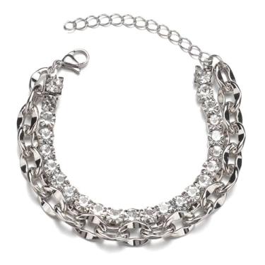 Imagem de Zeshimb Pulseira de tênis punk com corrente cubana grossa em camadas, pulseira de elos cubanos, corrente de strass, pulseira Miami, joia hip hop, para mulheres e homens