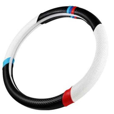 Imagem de Fibra de carbono + capa de volante de couro perfurado esportivo Crip Grb com acabamento circular esportivo, antiderrapante e absorvente de suor, ajuste universal em qualquer roda de 35 a 38 cm