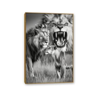 Imagem de SDYJ6GSW Quadro de teca Rei Leão e Rainha com Coroa Arte de Parede Preto e Branco Animais Selvagens Africanos Impressões em Tela Imagens de Arte Moderna para Sala de Estar Quarto 60 x 40 cm (24 x 16