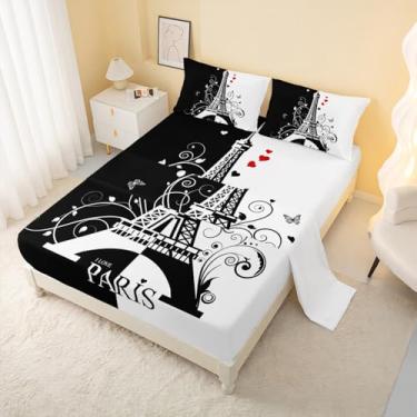 Imagem de AILONEN Jogo de lençol casal preto e branco, Torre Eiffel de Paris, 1 lençol de cima, lençol com elástico com 2 fronhas, 4 peças