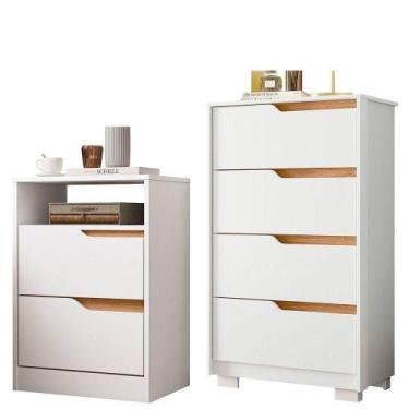 Imagem de Kit Cômoda 4 Gavetas E Mesa De Cabeceira Sara 2 Gavetas Flex Branco/fr