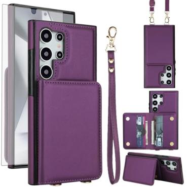 Imagem de Asuwish Capa de celular para Samsung Galaxy S24 Ultra 5G carteira celular com protetor de tela de vidro temperado alça transversal com bloqueio de RFID S24Ultra 24S S 24 24Ultra feminino roxo escuro