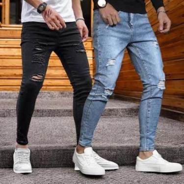 Imagem de Kit c/ 2 Calças Jeans SKINNY RASGADA Masculina Slim Elastano Sport 1050-Masculino