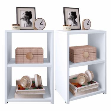 Imagem de  Kit 2 Mesa de Cabeceira Pequena Retrô Mesinha Prateleira Lateral Cama Box Casal Quarto Bella - Branco - RPM