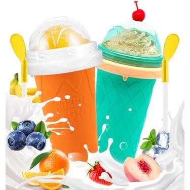 Imagem de Copo Slushie, pacote com 2 copos congelados mágicos, copo reutilizável para iogurte de leite com suco, copos com tampa e canudo para crianças, amigos e familiares (novo verde + laranja)