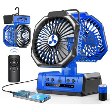Imagem de Ventilador recarregável portátil de cabeça dupla 20.000 mAh Ventilador de acampamento alimentado por bateria sem fio com lanterna LED e controle remoto, oscilação automática, gancho, operado por