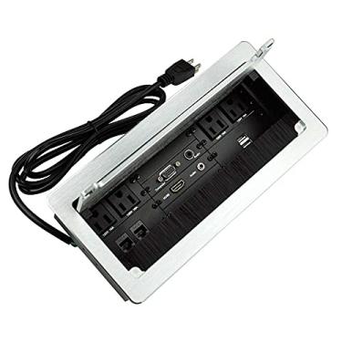 Imagem de Caixa de conectividade multimídia de mesa com 4 tomadas + 2 carregadores USB + 1 HDMI + 2 RJ45 (CAT6) + 2 áudio + 1 VGA com cabo de alimentação de 1,7 m para sala de conferências (prata)