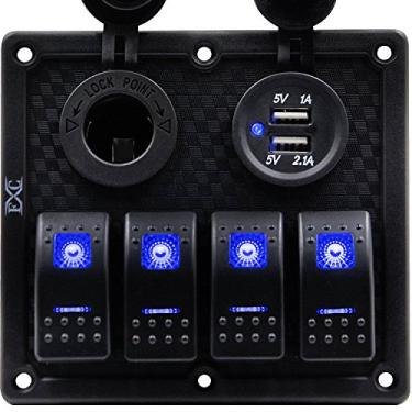 Imagem de FXC Painel de interruptor de balancim para barco à prova d'água 4 gangues com duplo soquete USB + isqueiro de cigarro luz LED para carro veículos Rv caminhão (luz azul de 4 gangues)