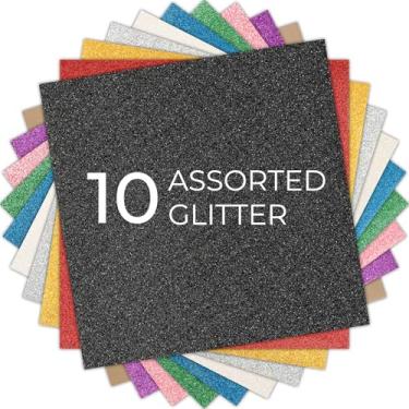 Imagem de HTVRONT Pacote de vinil de transferência de calor HTV com glitter: pacote com 10 30,5 x 30,5 cm ferro em vinil para camiseta (1 folha de teflon incluída), vinil PU HTV fácil de cortar e remover ervas