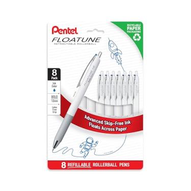 Imagem de Pentel Floatune Rollerball retrátil, ponta ousada de 1,0 mm, tinta azul, sem plástico, pacote com 8 (BY210PF8C)