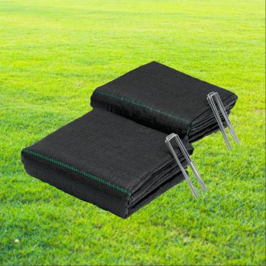Imagem de Tecido de paisagem de barreira de ervas daninhas de 1,2 m x 3,5 m, geotêxtil resistente de 90 g com 20 pinos em forma de U e linhas de corte pré-impressas, forro de cama de jardim Colth para paisagem