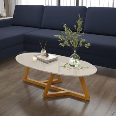 Imagem de Mesa de Centro Oval Moderna, Tampo Off White, Base em Madeira MDF, 90x45x35cm