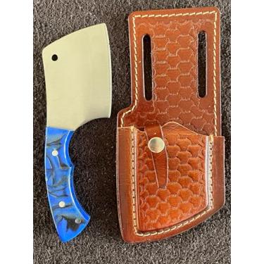 Imagem de Mini Cutelo Country Médio Artesanal com Lâmina Inox 420 de 8cm, Cabo em Madeira Nobre Muirapiranga- Bainha Couro Legítimo – Resistente e Ideal para Uso Rural, Churrasco, Cozinha em Geral (Azul)