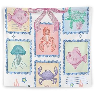 Imagem de WNAGT Tapeçaria de parede de praia costeira com laço rosa Coquette, decoração de quarto oceano, decoração de cobertor de parede náutico de animais marinhos para casa de cabana de praia, casa, quarto