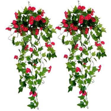 Imagem de Planta suspensa artificial, 2 peças, 99 cm, sedosa, glória da manhã, flores artificiais de videira artificial para decoração de parede de varanda e varanda rosa vermelha, cestas flores