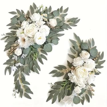 Imagem de TANMESSO Conjunto de 2 anéis de arco floral artificial – Decorações elegantes de placa de boas-vindas de casamento para cerimônia e recepção, arranjos de flores de vegetação rústica (branco)