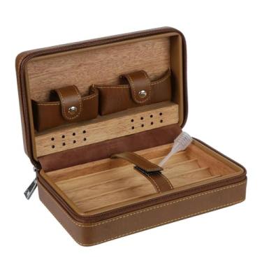 Imagem de ZzleoyuUUs-12 Caixa de charutos de madeira de cedro para charutos caixa de presente para menino amigo pai couro PU caixa de charutos umidificador de armazenamento 4 charutos caixa umidificador