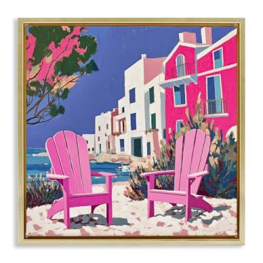 Imagem de Stupell Industries Cadeira de praia Meetup em tela flutuante emoldurada em ouro rosa design de arte de parede por Annabelle Hall, 63 x 63 cm