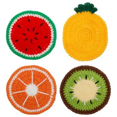 Imagem de 4 peças de porta-copos de crochê feito à mão com almofada de copo de frutas de crochê multiusos decorativos para cozinha, escritório, sala de estar