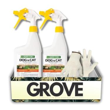 Imagem de 2 x spray repelente de animais líquido para gatos e cães, pacote de 946 ml com luvas de trabalho – repelente de cães e gatos ao ar livre para gramados, jardins e áreas de lixo – conjunto de presente