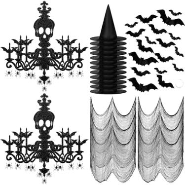 Imagem de Dunzoom 52 peças de decoração de terror de casa assombrada de Halloween para pendurar no teto, lustre de gaze assustador, chapéu de bruxa, adesivos de decoração de morcego 3D para decoração de