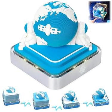 Imagem de Calendário 3D 2026, calendário de mesa 2026, bloco de notas de arte em papel 3D removível com luzes de LED, calendários criativos de bloco de notas 3D, presente de entalhe de papel DIY (Terra azul)