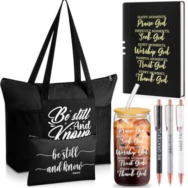 Imagem de Shinylin Conjunto de 7 peças de presente cristão para mulheres, presentes inspiradores com copo de vidro, bolsa de maquiagem, caneta para notebook (preto)