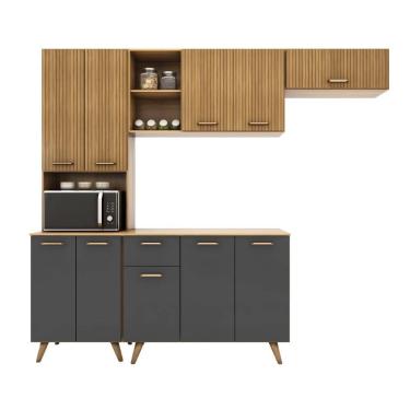 Imagem de Cozinha Compacta + Balcão Com Tampo (04 Peças) Olinda Freijo Uv Ripado Grafite Acetinado - SSX Multicoisas