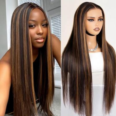 Imagem de IFTIME Peruca frontal ombré 1B/30 Highlight de cabelo humano liso 13x4 HD peruca frontal de renda transparente 61 cm 180% densidade pré-arrancada com cabelo de bebê perucas sem cola para mulheres