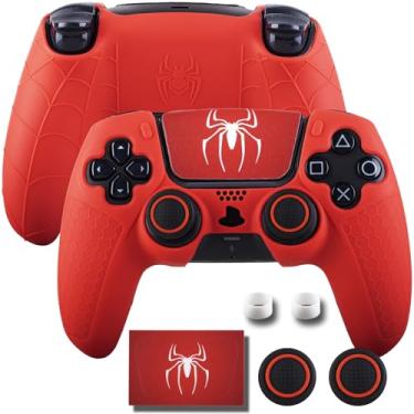 Imagem de YoRHa Capa de silicone antiderrapante para controle PS5 com tampas de polegar x 2 e adesivo x 1 (vermelho aranha)