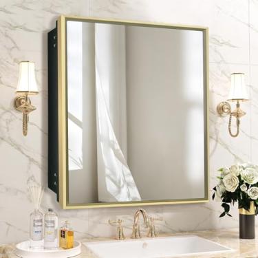 Imagem de FOMAYKO Armário de remédios com espelho embutido ou montagem em superfície, estilo casa de fazenda, espelho de porta única, acabamento quadrado, armazenamento de banheiro, (ouro escovado, 61 x 61 cm)