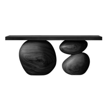 Imagem de Mesa de console de entrada de madeira, mesa de entrada criativa de 120 cm, mesa de sofá longa estreita com base de madeira redonda para entrada, corredor, mesa de destaque para sala de estar e