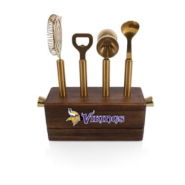 Imagem de PICNIC TIME NFL Minnesota Vikings Sidecar Kit de ferramentas de bar de 5 peças com suporte, barman mixológico e conjunto de viagem com acessórios de coquetel, (madeira de acácia)