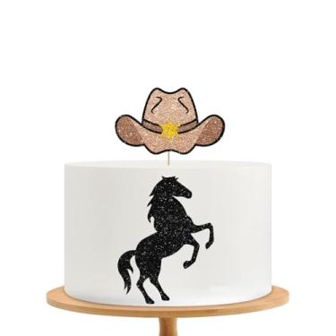 Imagem de Topo de bolo de cowboy ocidental, decoração de bolo de aniversário de caubói, chapéu de cowboy preto com glitter, topo de bolo de cavalo para meninos e homens, decoração de festa do oeste selvagem