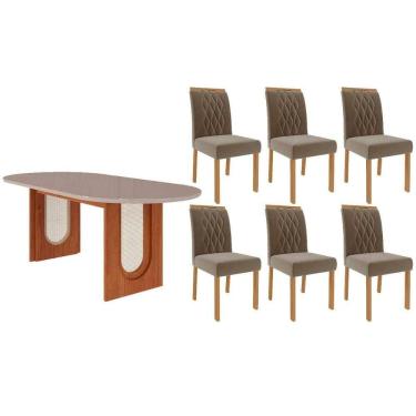 Imagem de Mesa Cozinha Valentina Tampo Madeirado Oval c/ Vidro 210x100cm e 6 Cadeiras Juliana Cinamomo/Off White - Madeirado/Suede Jo-Cimol