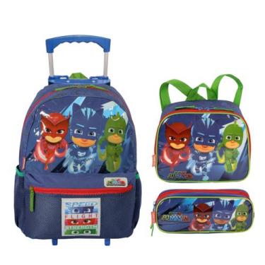 Imagem de Kit Mochila de Carrinho M + Lancheira + Estojo Pj Masks - Sestini, Azu