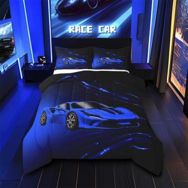 Imagem de Conjunto de roupa de cama Feelyou Boys Blue Race Car, tamanho completo