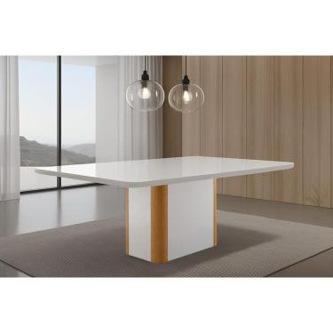 Imagem de Mesa De Sala Jantar Pietá C/ Tampo Madeirado C/ Vidro Canto Curvo 180x90cm Off White/naturale/off White - Rufato