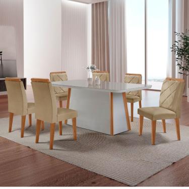 Imagem de Mesa Diane 180cm Mdf Vidro E 6 Cadeiras Melissa Turim 07/off/naturale/serig. Off Com Vidro