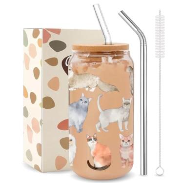Imagem de Kihraw Presentes de gato para mulheres e meninas - Copos de vidro engraçados com 2 canudos, presentes fofos para amantes de gatos, acessórios de decoração de 473 ml, presente perfeito de feriado e