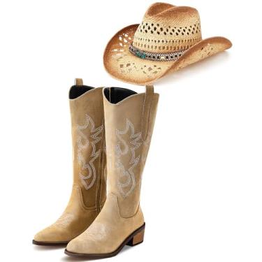 Imagem de Cutecrop Chapéu de cowboy de palha chapéu de sol tecido cowgirl botas de caubói bordado bico fino roupas de concerto country ocidental para mulheres, Caqui, 39