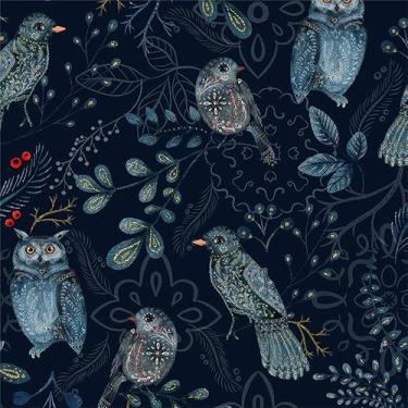 Imagem de Papel de parede vintage azul marinho azul-petróleo pássaro coruja flores vintage papel de contato adesivo de vinil vintage em papel de parede para quarto, banheiro, armário de cozinha adequado para