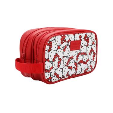 Imagem de Bioworld Hello Kitty – Kit de higiene pessoal com compartimento duplo de 23 cm, Hello Kitty Face Aop Red, OSFA
