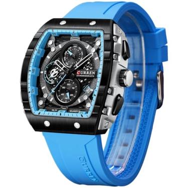 Imagem de FORSINING Relógio esportivo masculino de quartzo Tonneau, cronógrafo/cronômetro com mostrador de data, pulseira de silicone à prova d'água em forma de barril, 6 cores esportivas, Turquesa