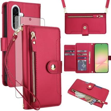 Imagem de Asuwish Capa de celular para Samsung Galaxy A56 5G com zíper carteira, com protetor de tela de vidro temperado e alça de pulso transversal, suporte flip para cartão de crédito A 56 56A LTE feminino