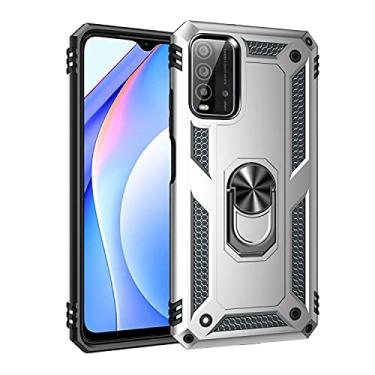 Imagem de SORAKA Capa para Xiaomi Poco M3 com suporte de anel capa protetora Xiaomi Poco M3 capa traseira de policarbonato rígido com placa de metal para celular magnético suporte de carro prata