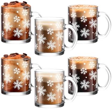 Imagem de Maxcheck Pacote com 6 canecas de café de floco de neve de Natal de 355 ml, copos de vidro, presentes de Natal, copos de vinho transparentes com alça para decoração de festa de Natal